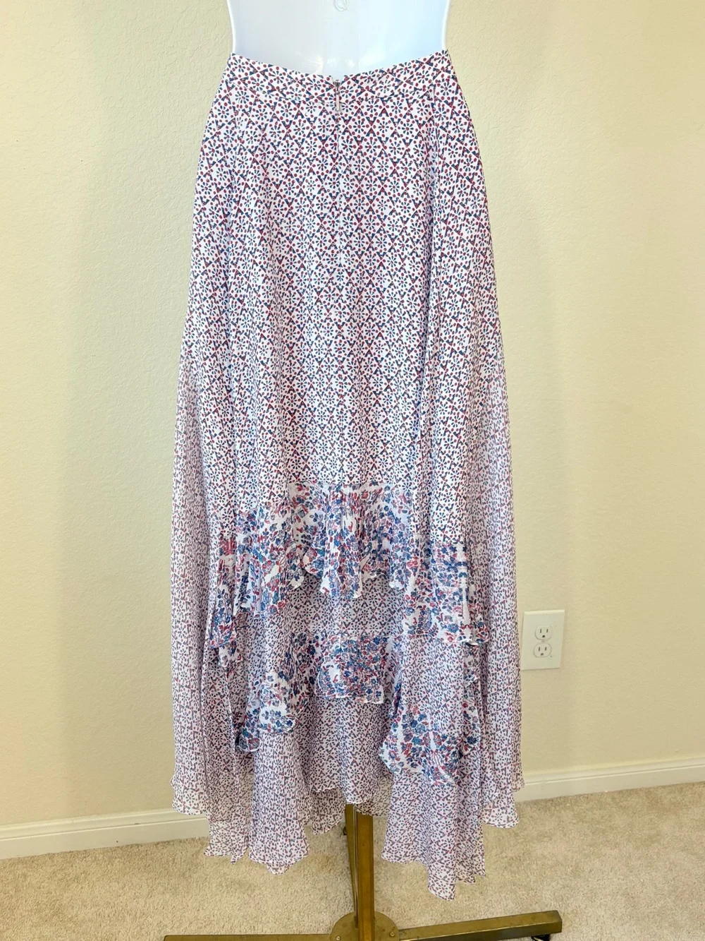 Rebecca Taylor 100% Silk Ruffle Asymmetrical Maxi  Skirt Blue Red Floral Boho